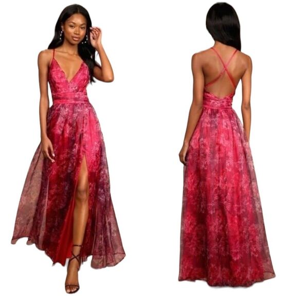 COPY - Lulus Romance That Wows Magenta Floral Print Organza Maxi Dress Size Med… - Picture 3 of 16